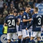 Los jugadores del Real Oviedo celebrando un gol