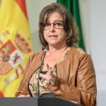 La consejera de Salud y Consumo, Catalina García durante la rueda de prensa posterior al Consejo de Gobierno que ha tenido lugar en el Palacio de San Telmo de Sevilla