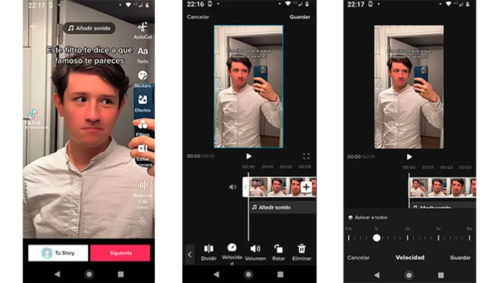 Pasos para modificar la velocidad de un vídeo en TikTok.