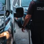 Imagen de archivo de un agente de la Policía Nacional junto a varios vehículos policiales