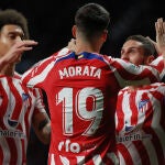 Los jugadores del Atlético celebran uno de los goles al Real Valladolid