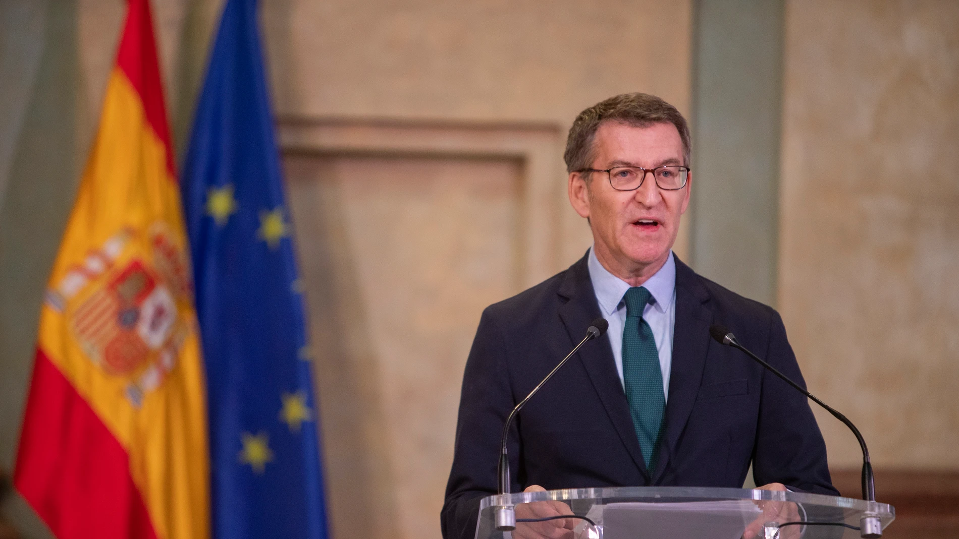 El presidente del Partido Popular, Alberto Núñez Feijóo, durante la presentación del Plan de Calidad Institucional que incluye 60 medidas.