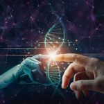 Una mano robótica y una mano humana tocan una hebra de ADN