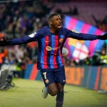 Dembélé celebra el gol que dio el triunfo al Barcelona ante la Real en los cuartos de final de Copa