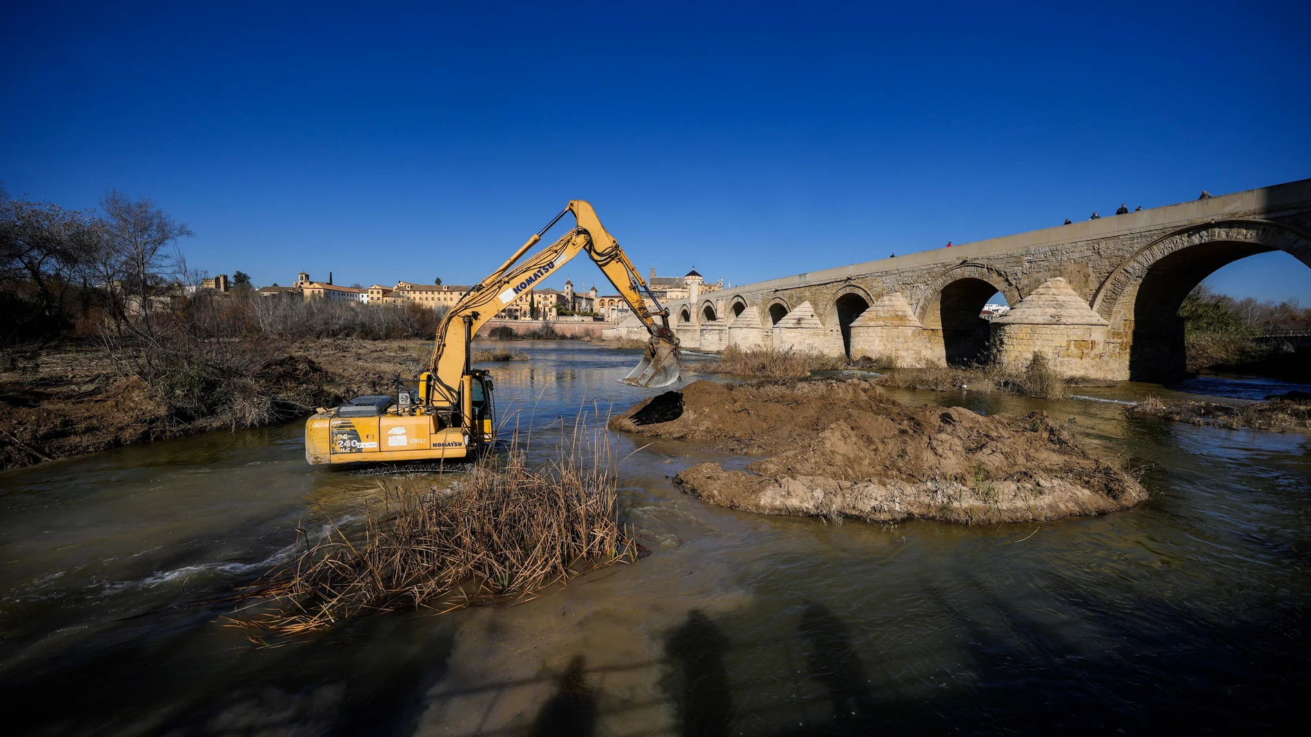 La Junta de Andalucía ha comenzado este miércoles a eliminar el islote de sedimentos y residuos en el río Guadalquivir, a la altura de los Sotos de la Albolafia, en Córdoba. EFE/Rafa Alcaide