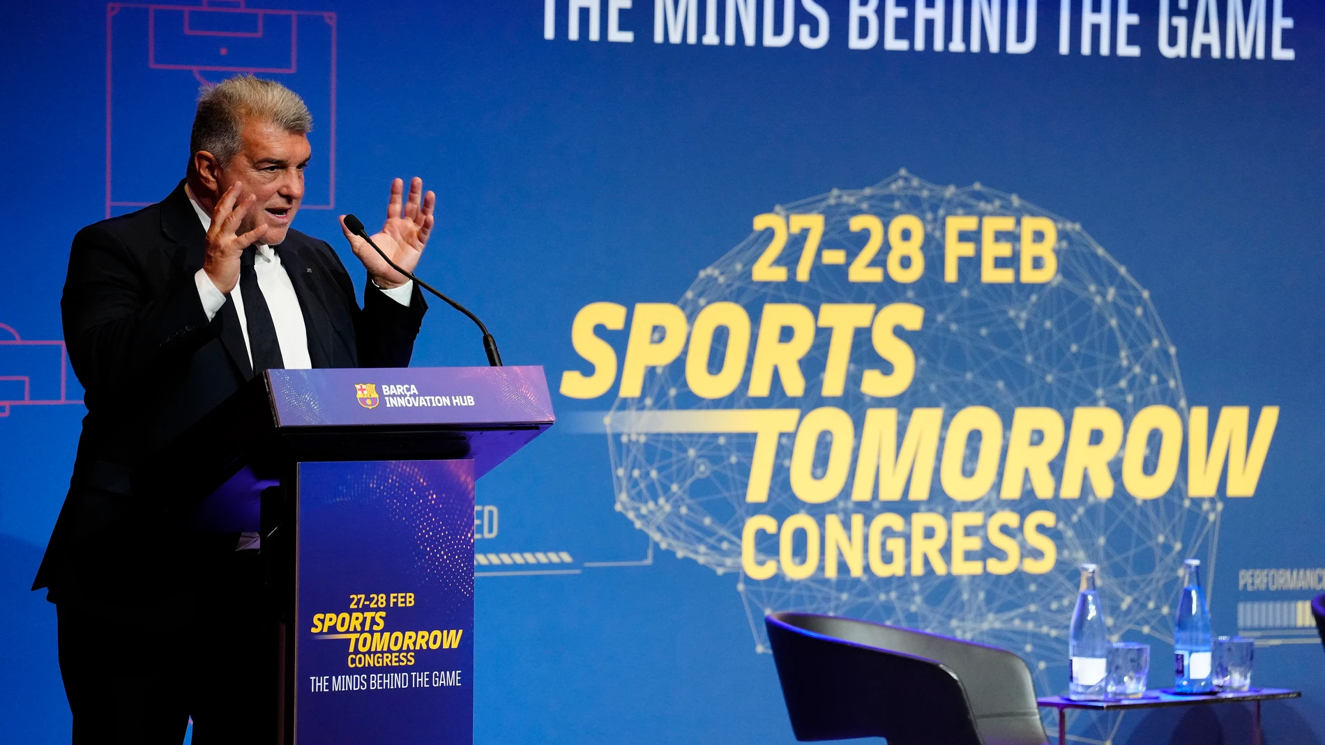 El presidente del FC Barcelona, Joan Laporta, durante un acto en el que se explicó que la presente edición del Sports Tomorrow Congress, el congreso de deportes y tecnología organizado por el club azulgrana