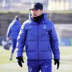 Simeone, en el entrenamiento posterior a la derrota del Atlético ante el Real Madrid en el Bernabéu