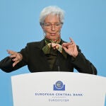 La presidenta del BCE, Christine Lagarde, durante su comparecencia de ayer