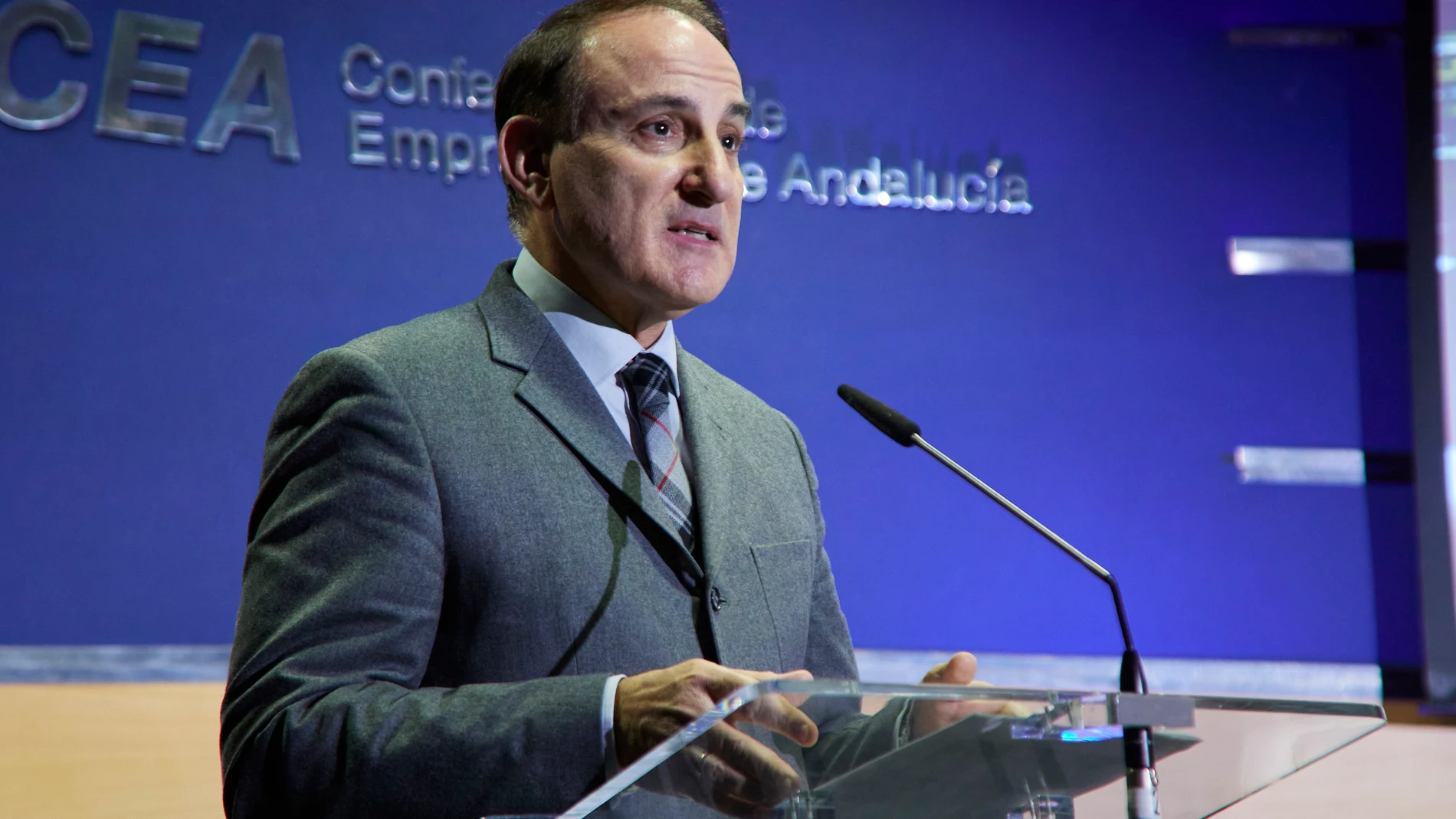 El presidente de la Confederación de Empresarios de Andalucía (CEA), Javier González de Lara, interviene durante la presentación del informe 'Contribución de CTA al ecosistema del I+D+i andaluz y su impacto sobre la economía regional'