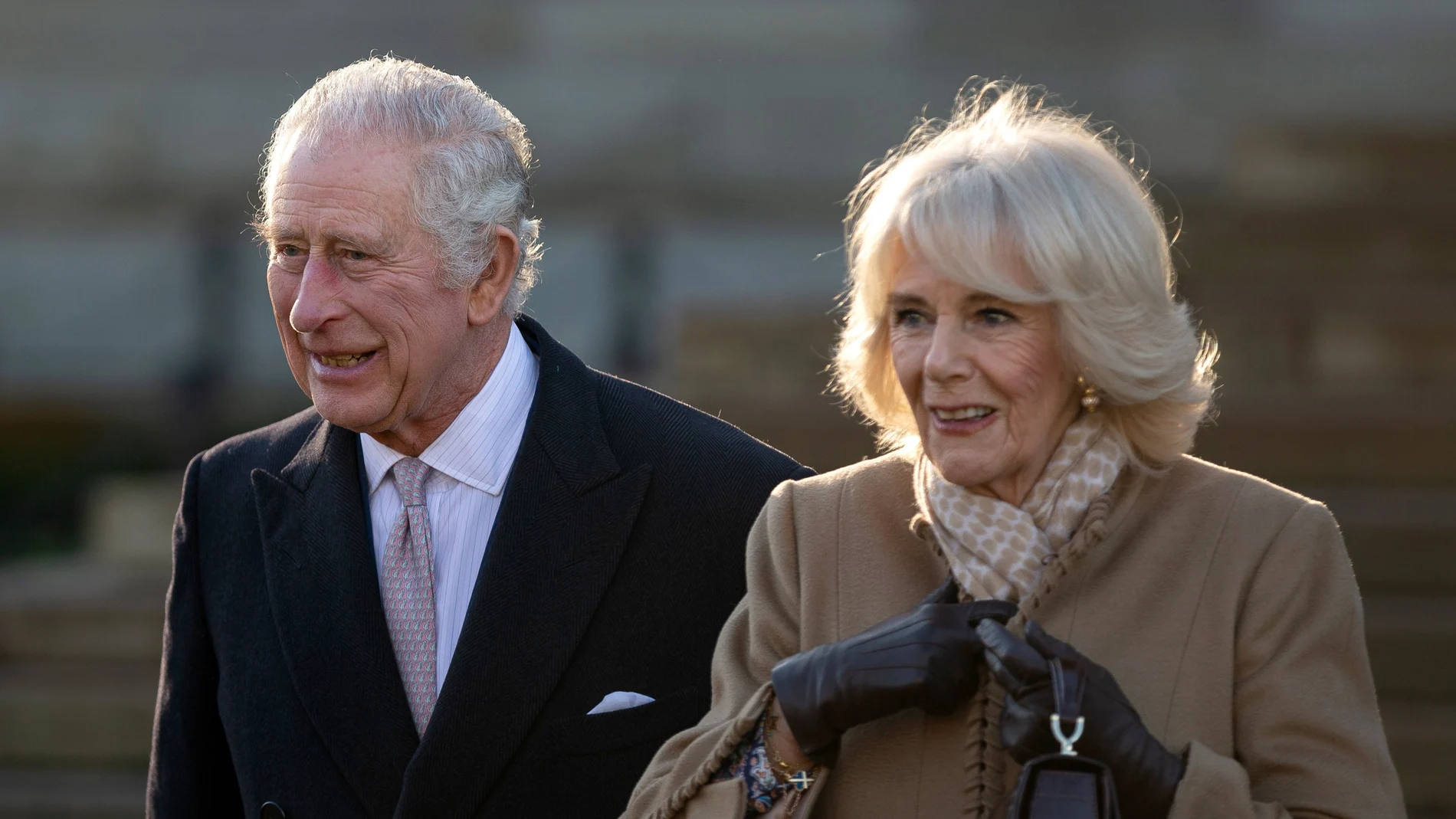 Britain's King Charles III (L) and Camilla, The Queen Consort (R) leave Bolton Town Hall in Bolton, Britain, 20 January 2023.