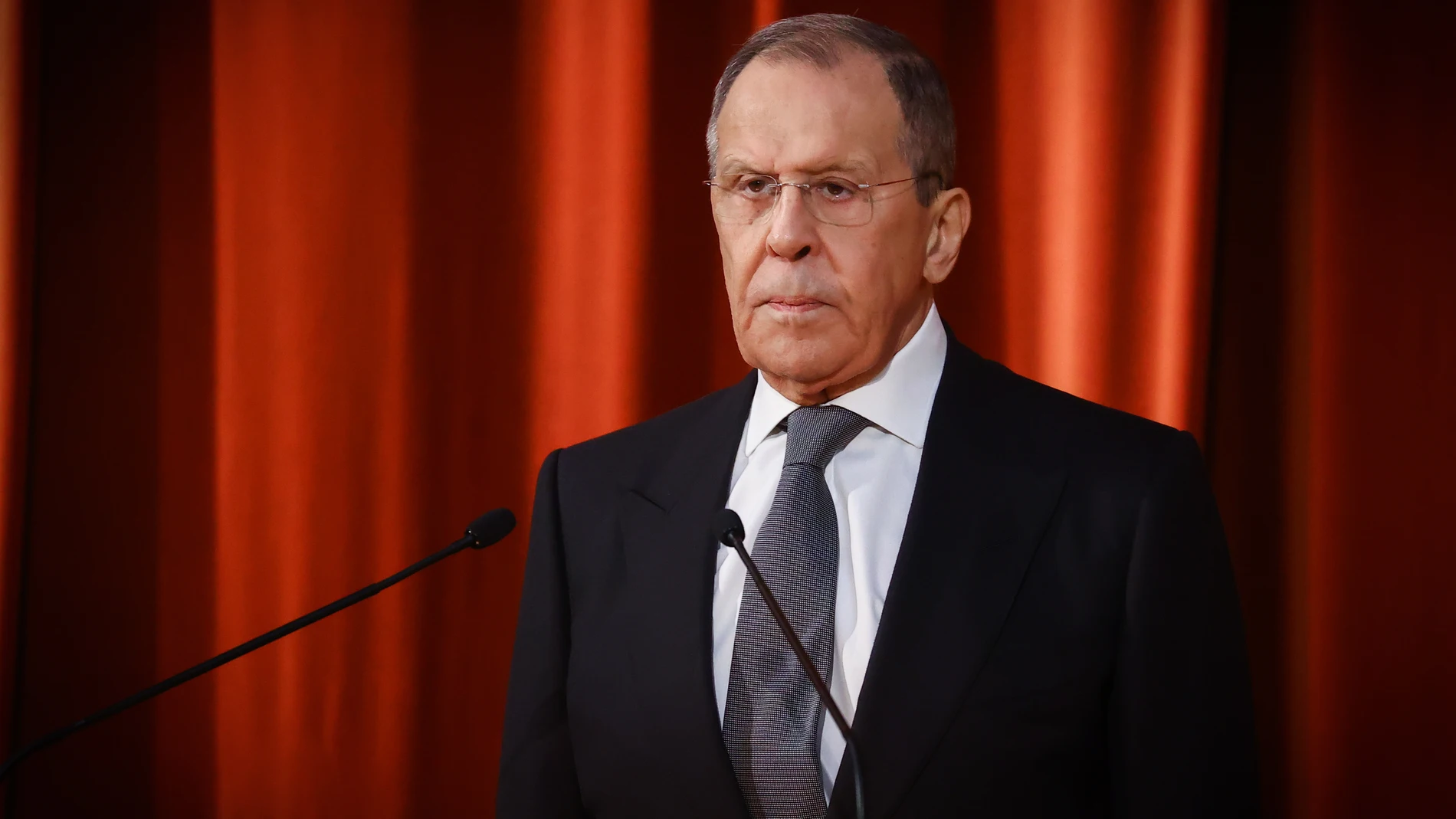 Moscow (Russian Federation), 10/02/2023.- A handout photo made available by Russian Foreign ministry press service shows Russian Foreign Minister Sergei Lavrov delivers his speech during ceremonial meeting during celebration of the Day of the diplomatic worker of Russia in Moscow, Russia, 10 February 2023. No threats or accusations will be able to influence Russia's actions, Foreign Minister Sergei Lavrov said on February 10 during a solemn meeting on the occasion of the Diplomatic Worker's D...
