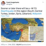 Tres días antes que se produjera el terremoto, el 3 de febrero, Hoogerbeets publicó este tweet.