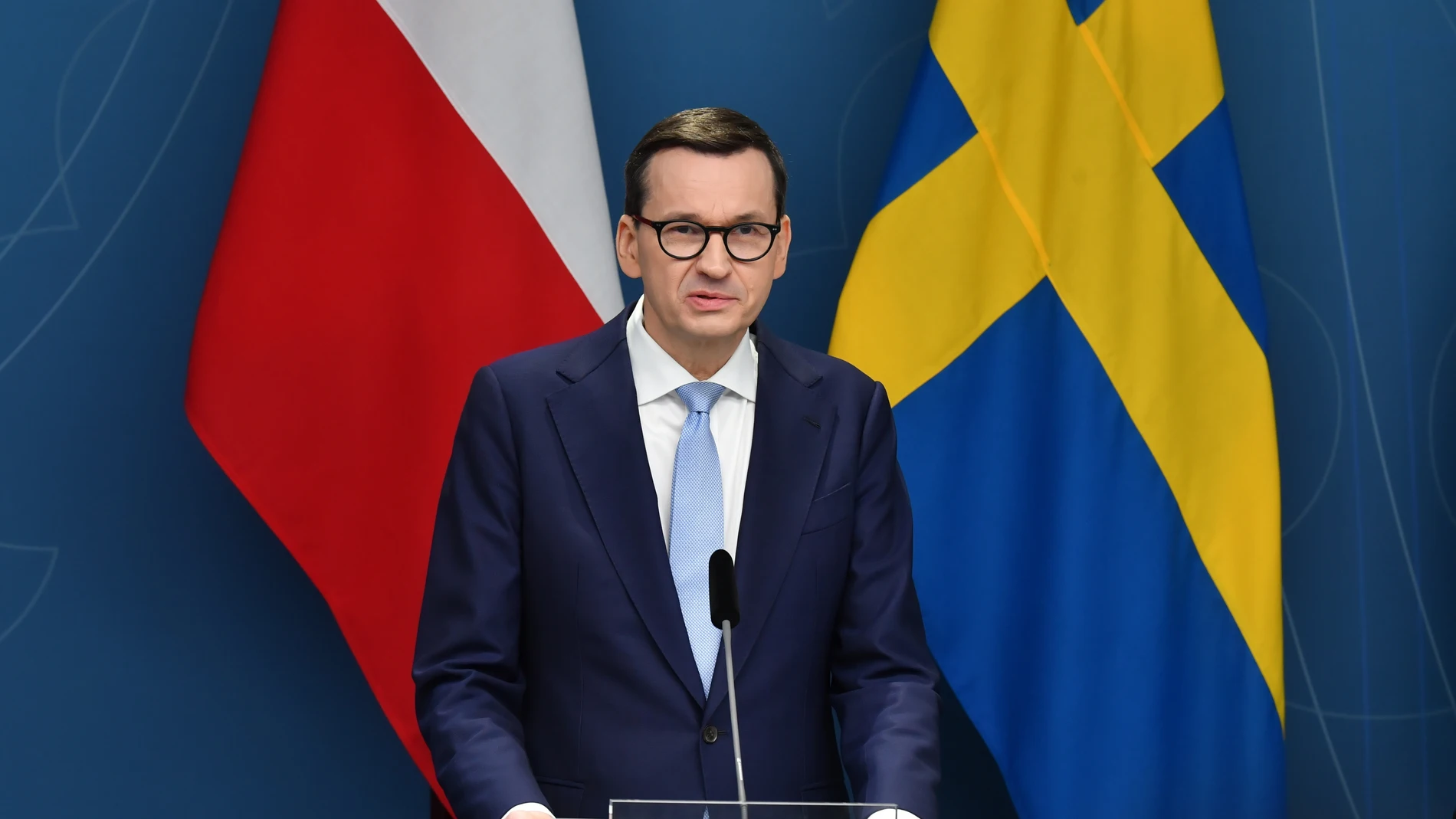 Stockholm (Sweden), 13/02/2023.- Polish Prime Minister Mateusz Morawiecki during a press conference with Swedish Prime Minister Ulf Kristersson after their meeting in Stockholm, Sweden, 13 February 2023. The meeting was focused on security policy and European support for Ukraine. (Polonia, Suecia, Ucrania, Estocolmo) EFE/EPA/ANDRZEJ LANGE POLAND OUT