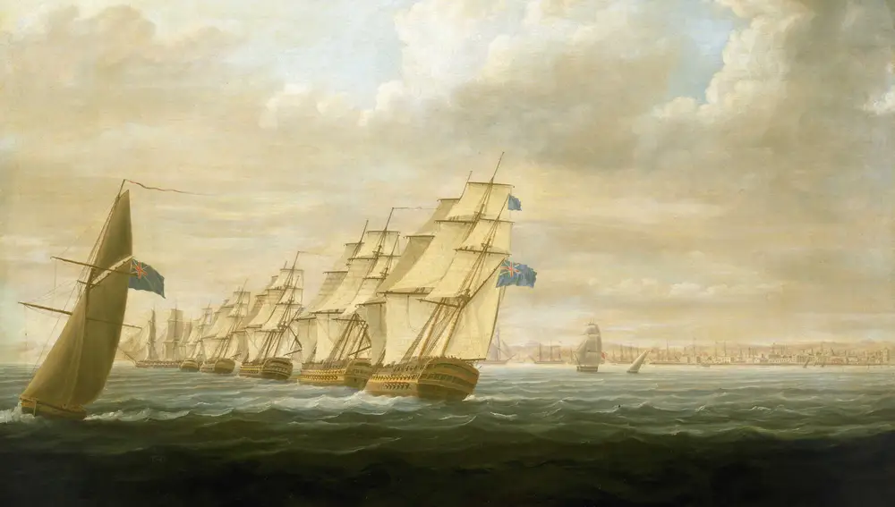 "La escuadra de bloqueo costero de Nelson en Cádiz, julio de 1797" (siglo XIX), óleo sobre lienzo de Thomas Buttersworth (1768-1842)