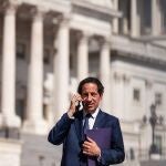 Rep. Jamie Raskin (D-MD) makes a phone call after speaking at the Congressional Progressive Caucus’ press conference on the Inflation Reduction Act. The House will vote on the bill later in the day, and it is expected to pass, after passing in the Senate August 6th. The legislation includes historic measures to address climate change, as well as reduce Medicare drug prices, create an estimated 9 million jobs, and expand the Internal Revenue Service.