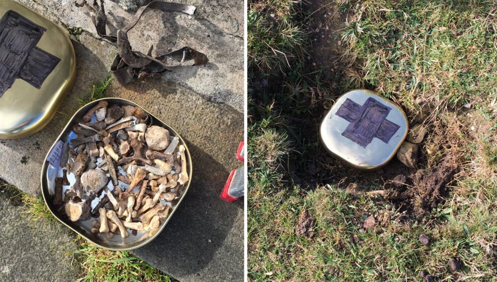 Los huesos encontrados por David Santamaría en 2016 y el lugar donde los enterró.