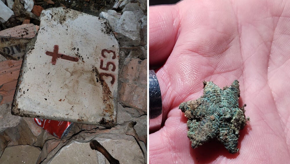 Lápida de un columbario del piso superior y distintivo de capitán en la cripta.