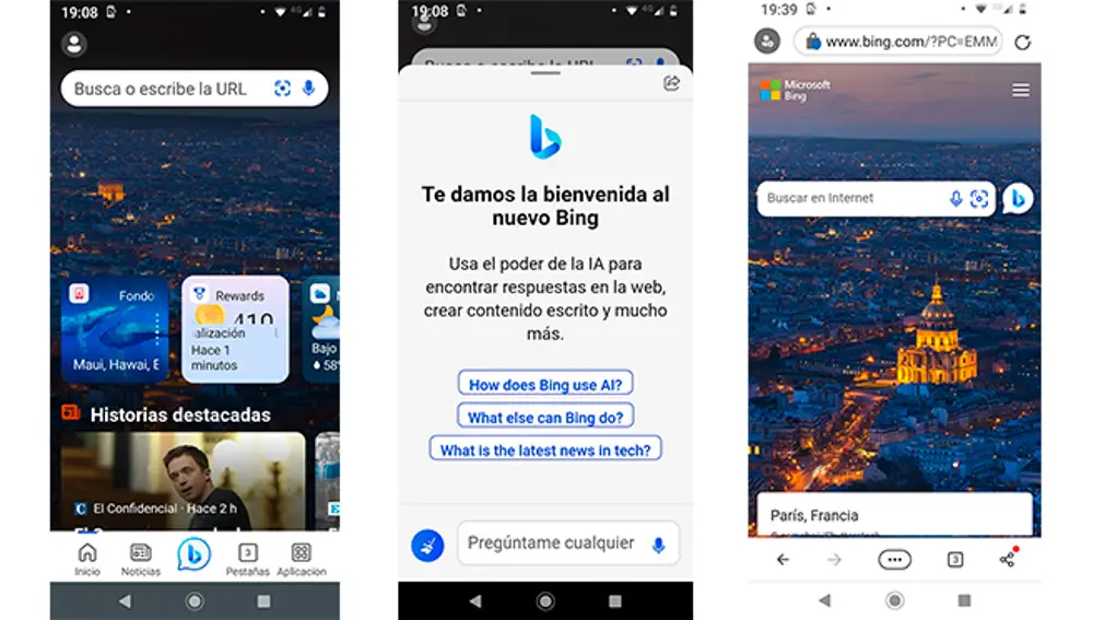 Chat GPT en el móvil. En las dos primeras pantallas en la app Bing y en la tercera en Edge.