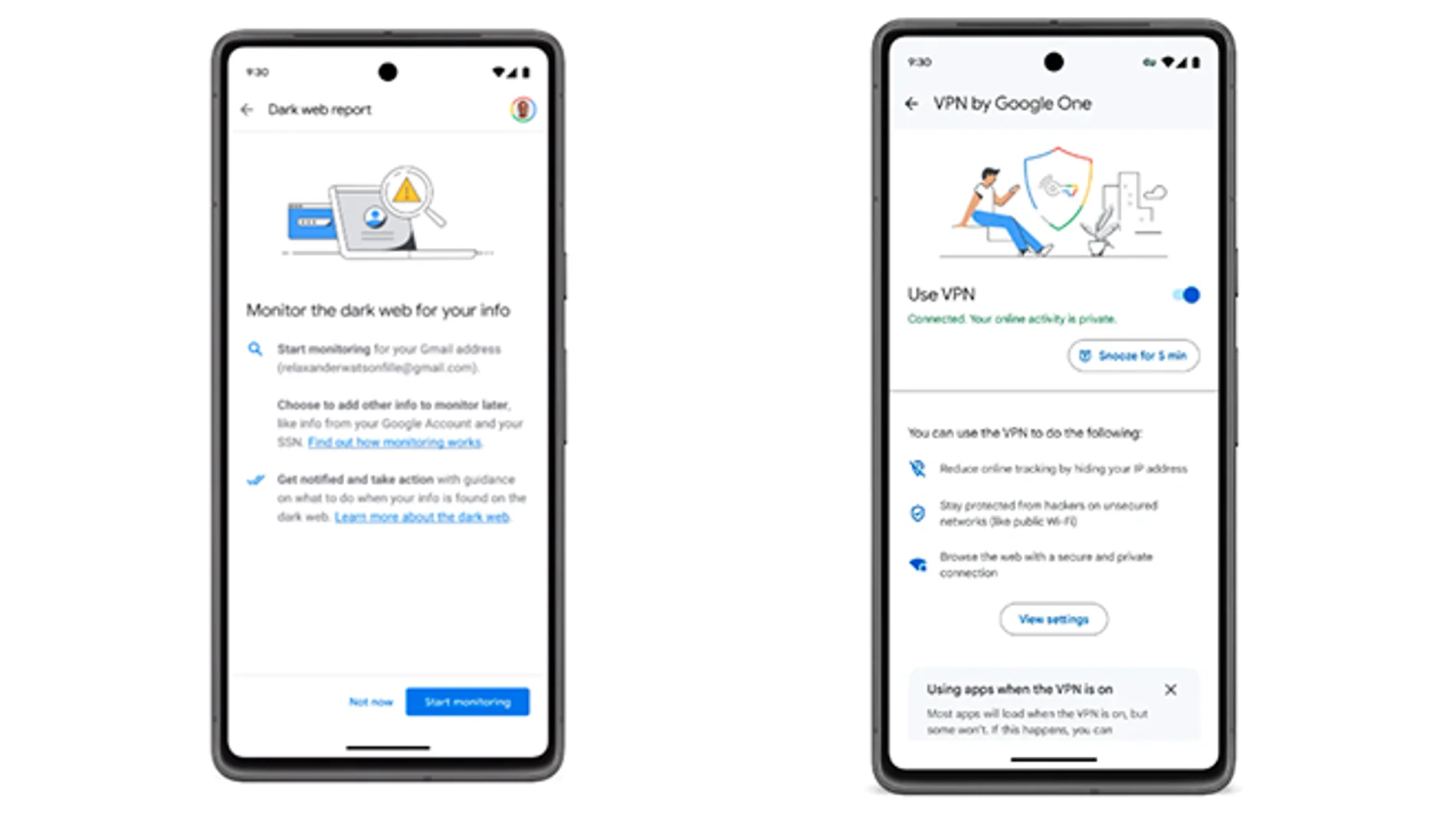 Los servicios de Google One, Dark Web Report y VPN.