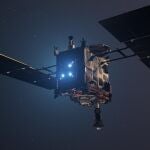 Representación artística de la sonda Hayabusa2 con el resplandor azulado producido por sus motores de iones. 
