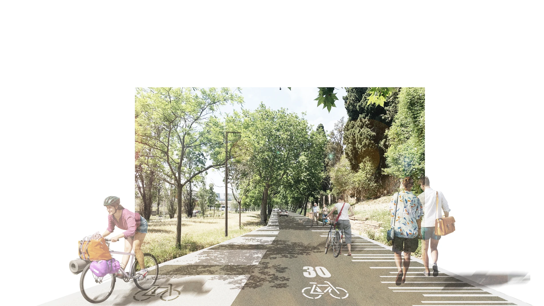 Recreación del futuro paseo verde entre la Zona Franca y el centro de Barcelona