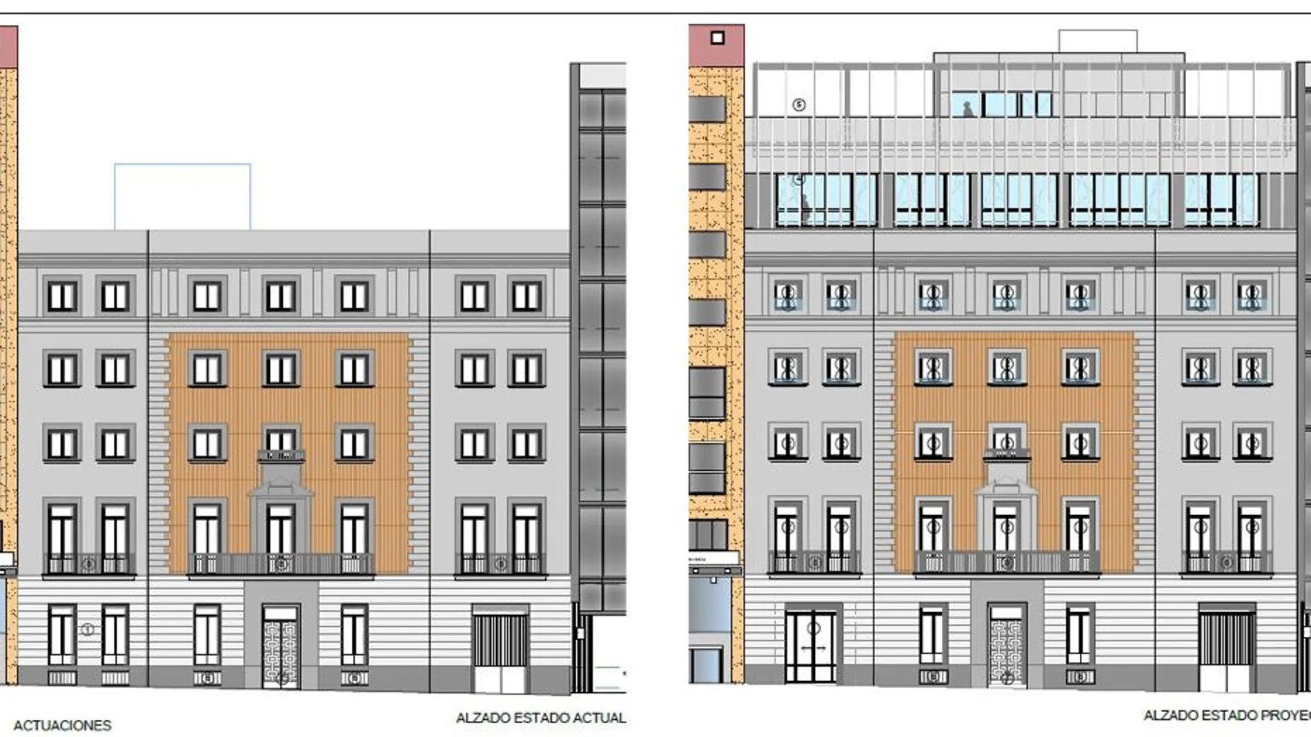 A la izquierda, el alzado actual del edificio; a la derecha, el proyectado en la reforma