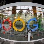 A picture made with a fisheye lens shows the Google logo in Singapore.