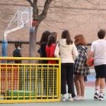 Un grupo de niños en el patio de un colegio.