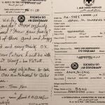 Carta de mensaje de un prisionero de guerra a su familia. Ésta es una carta de un detenido de Guantánamo expuesta en el museo del CICR en Ginebra.