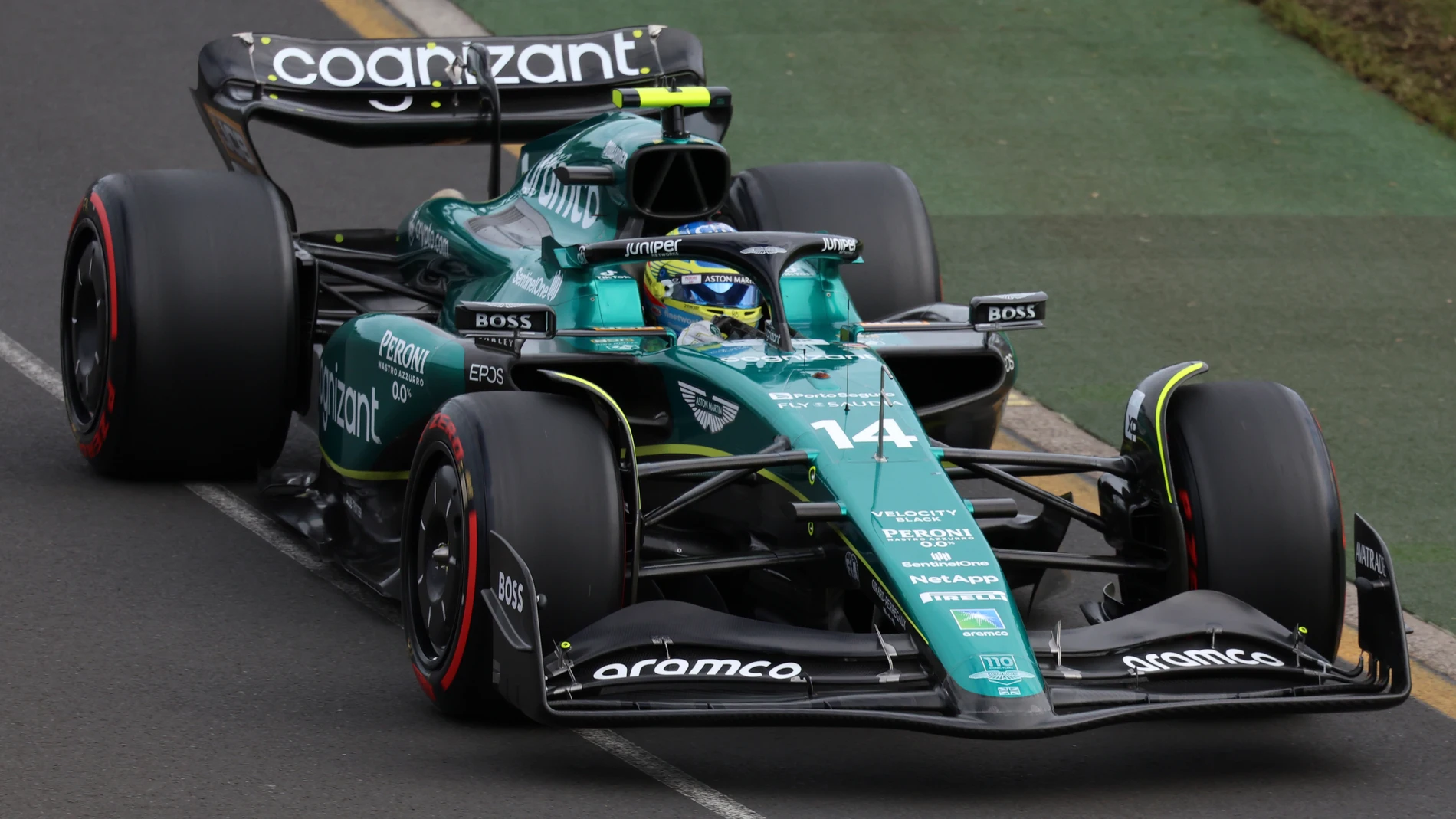 Aston Martin driver Fernando Alonso of Spain races through a corner during qualifying ahead of the Australian Formula One Grand Prix at Albert Park in Melbourne, Saturday, April 1, 2023. (AP Photo/Asanka Brendon Ratnayake)