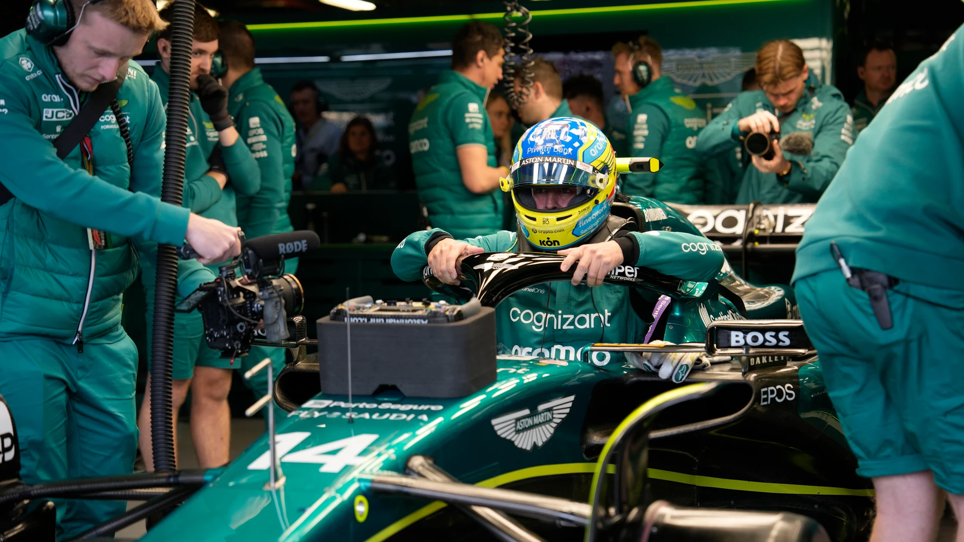 Aston Martin driver Fernando Alonso of Spain prepares to leave the pit during qualifying ahead of the Australian Formula One Grand Prix at Albert Park in Melbourne, Saturday, April 1, 2023. (Simon Baker/Pool via AP)