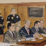 In this courtroom sketch, former President Donald Trump, seated center, watches as Assistant District Attorney Christopher Conroy, left, outlines the case against him during Trump's arraignment in court, Tuesday, April 4, 2023, in New York. Seated, from left, are: defense attorneys Todd Blanche and Susan Necheles, Trump, and defense attorney Joe Tacopina and Boris Epshteyn.