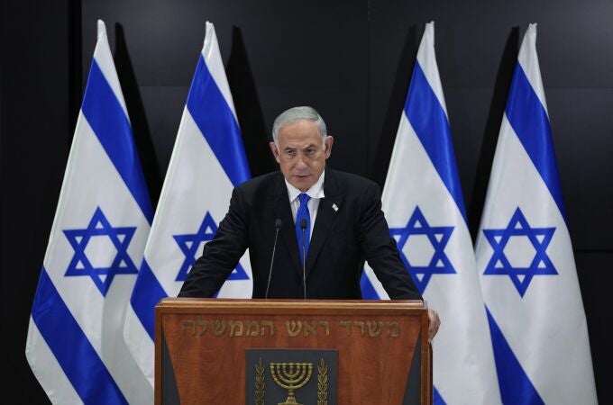Israeli Prime Minister Benjamin Netanyahu speaks to the media during a press conference, in Tel Aviv, Israel, Monday, April 10, 2023. 