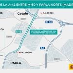 Adjudicada la redacción del proyecto para mejorar los accesos en la autovía A-42 entre la M-50 y Parla Norte