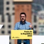 El presidente de la Generalitat de Catalunya, Pere Aragonès, durante su intervención en la 'Festa de la República' de ERC en Barcelona.