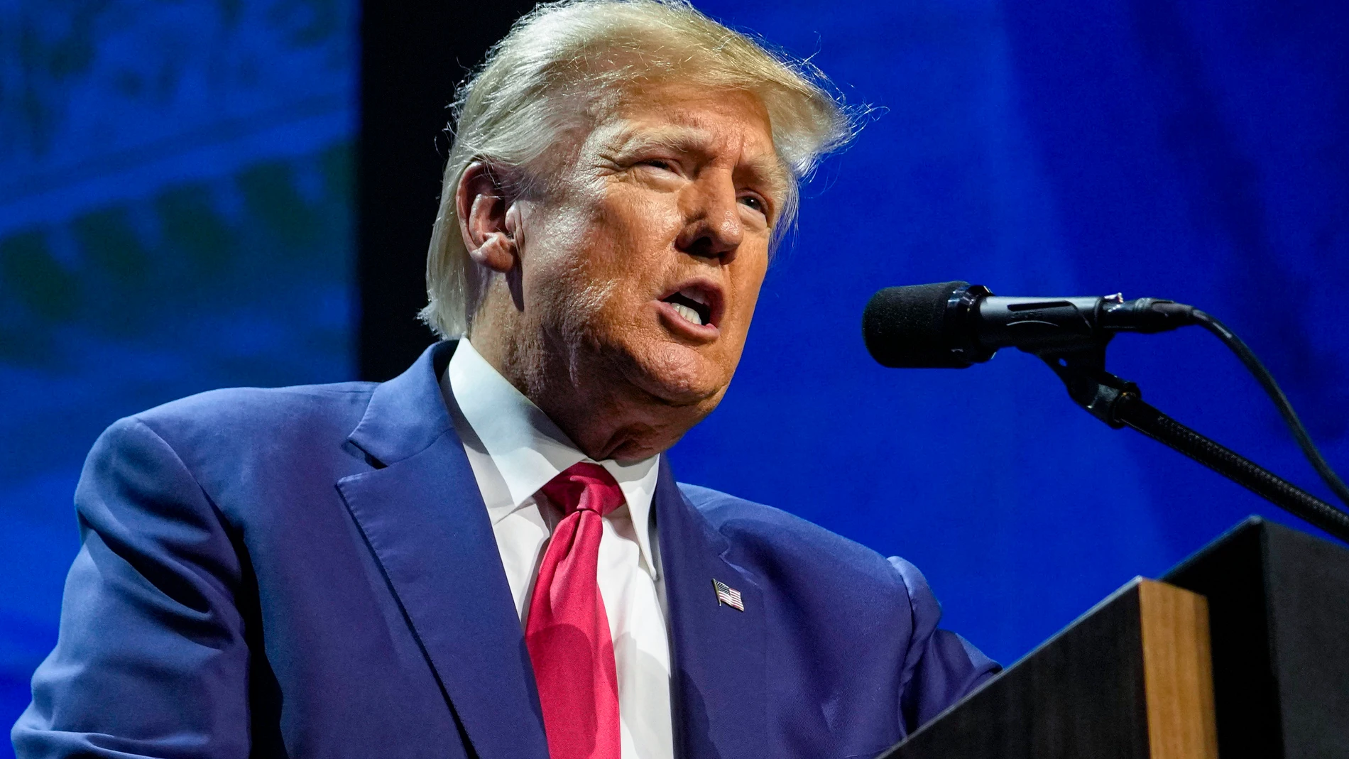 FILE - Former President Donald Trump speaks at the National Rifle Association Convention in Indianapolis, Friday, April 14, 2023. More than a dozen women have publicly accused former President Donald Trump of sexual assault and harassment, but none of those claims has gone to trial. That is about to change. The trial of a former advice columnist's rape lawsuit is due to start with jury selection Tuesday. E. Jean Carroll alleges that Trump raped her in a New York luxury department store dressing room in the mid-1990s. (AP Photo/Michael Conroy, File)