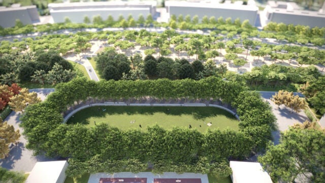 Una recreación del futuro parque Atlético de Madrid en la zona donde estaba el desaparecido Estadio Vicente Calderón.
