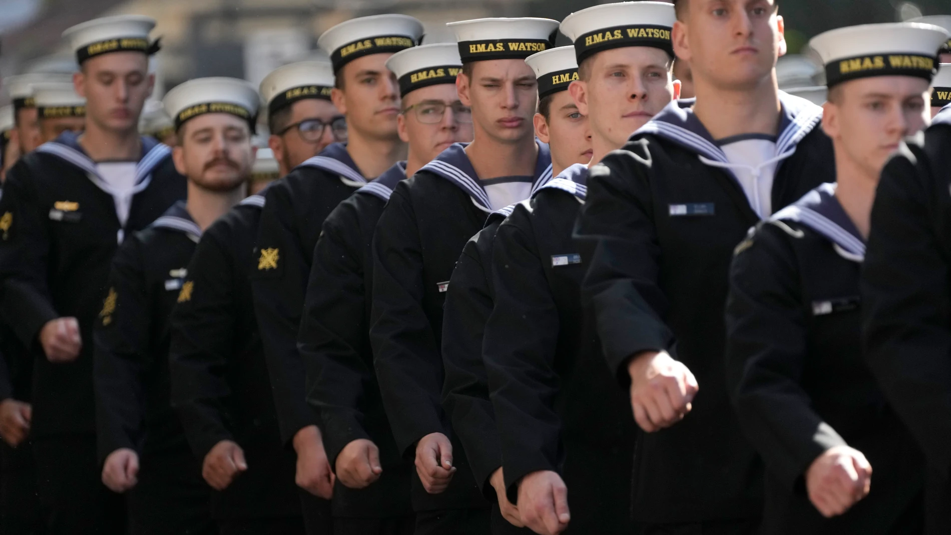 Sailors from HMAS Watson march in the Anzac Day parade in Sydney, Tuesday, April 25, 2023. (AP Photo/Rick Rycroft)