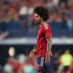 Aridane Hernandez of CA Osasuna looks on during the La Liga Santander match between CA Osasuna and Real Sociedad at El Sadar on April 28, 2023, in Pamplona, Spain.