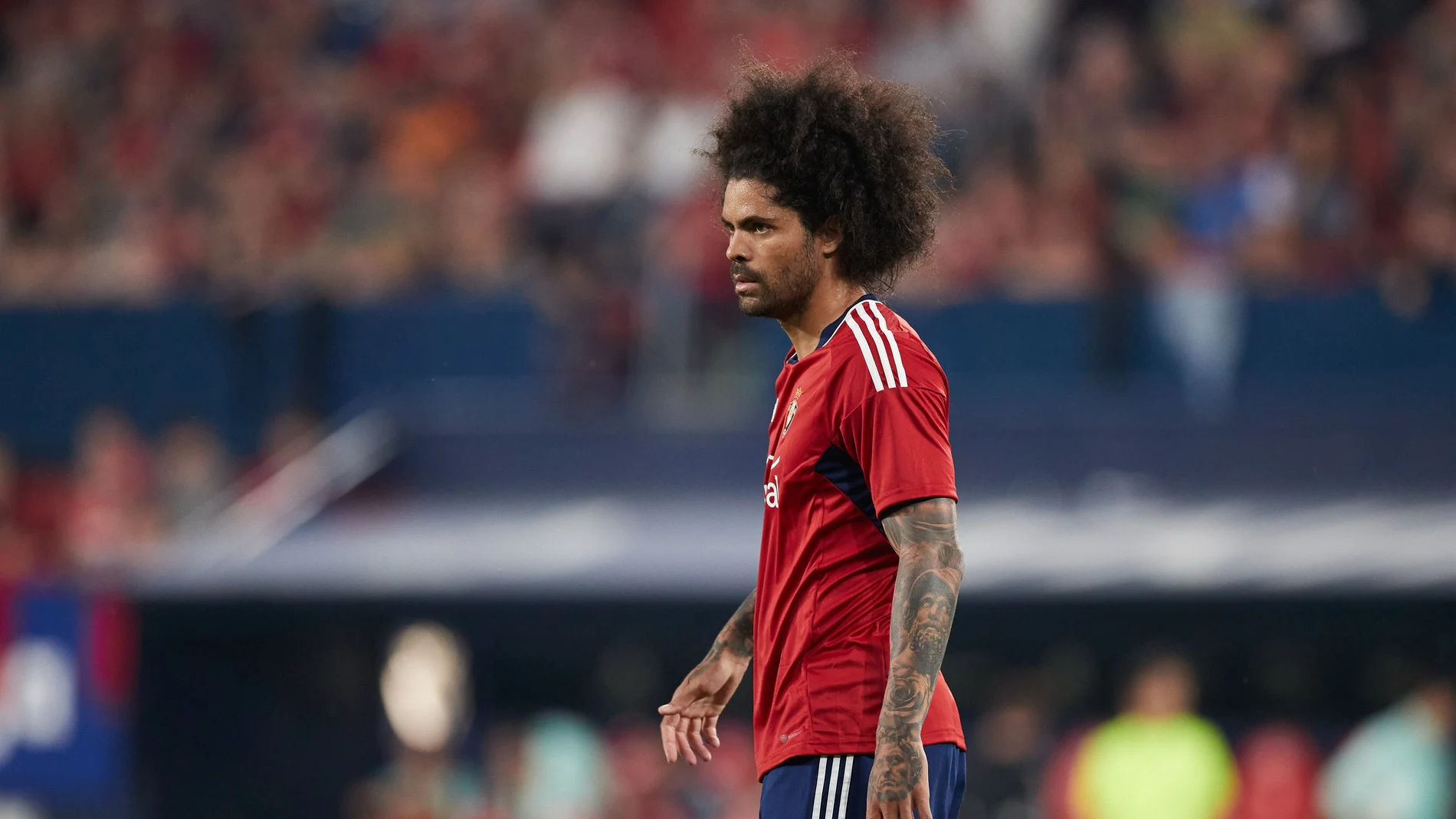 Aridane Hernandez of CA Osasuna looks on during the La Liga Santander match between CA Osasuna and Real Sociedad at El Sadar on April 28, 2023, in Pamplona, Spain.