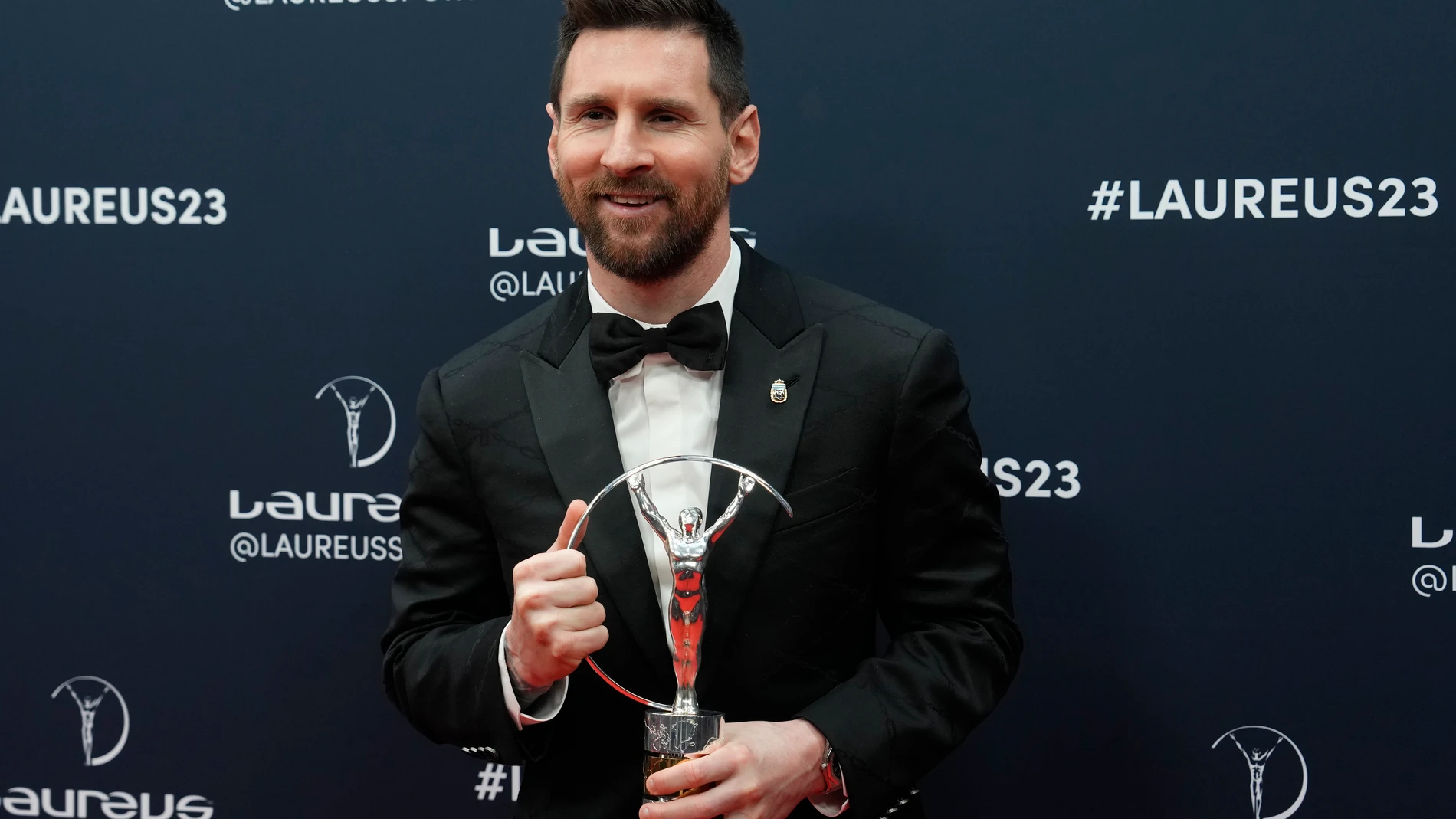 Argentine soccer player Lionel Messi poses after he was presented the award for sportsperson of the year at the Laureus Sports Awards ceremony in Paris, Monday, May 8, 2023. (AP Photo/Lewis Joly)