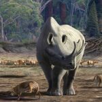 Ilustración de Megacerops kuwagatarhinus, uno de los últimos y más grandes brontoterios con espectaculares cuernos bifurcados en una llanura aluvial del Eoceno final de Norteamérica.