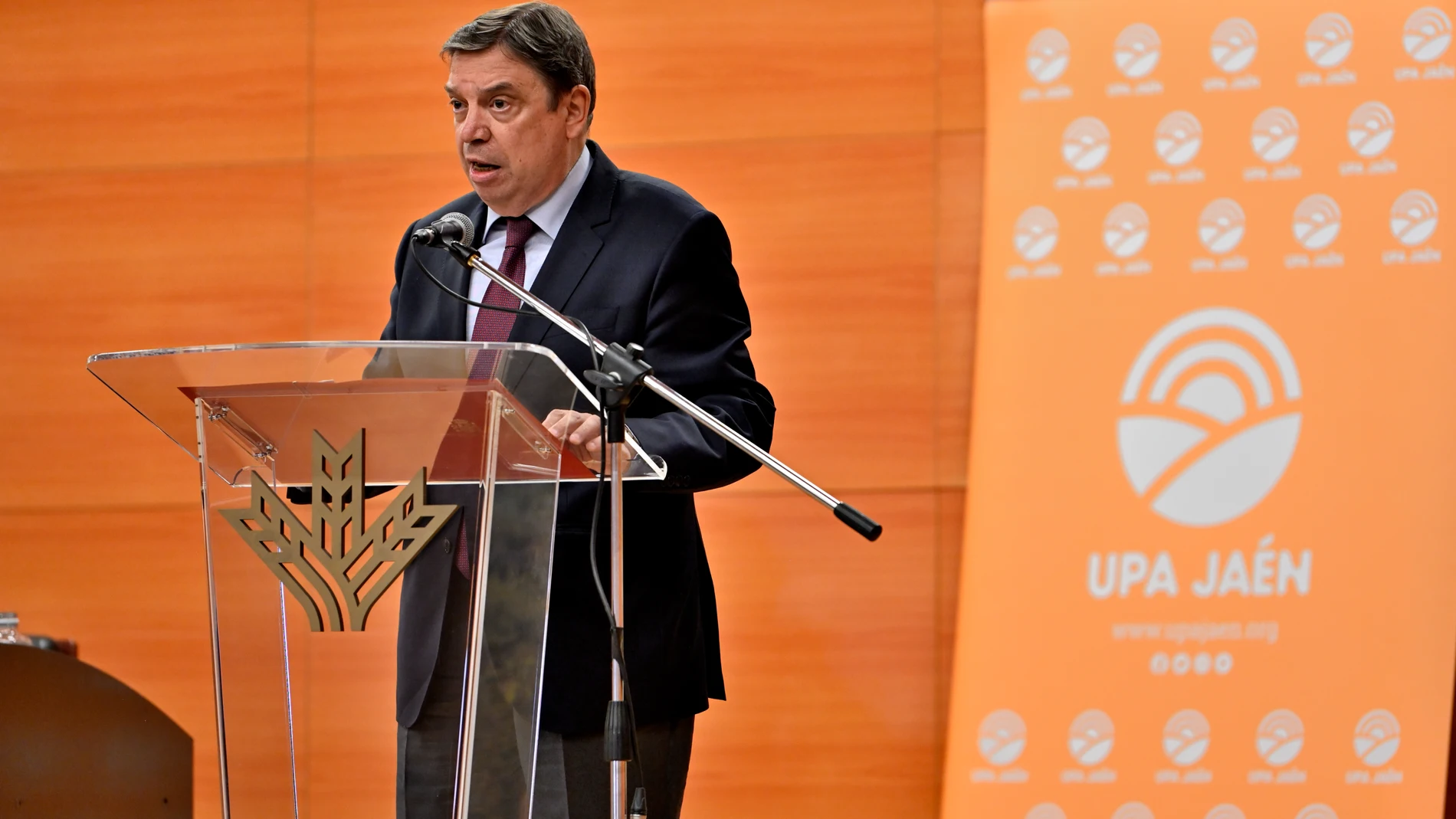 El ministro de Agricultura, Pesca y Alimentación, Luis Planas, interviene en el acto, a 12 de mayo de 2023, en Jaén, (Andalucía, España). El ministro de Agricultura, Pesca y Alimentación, Luis Planas, participa en el marco de Expoliva en la inauguración de la jornada 'Grupo Operativo AOVE Tradicional'. En el salón de actos Sierra Mágina-Caja Rural de Jaén. Después visita Expoliva. Le acompaña el presidente de la Diputación de Jaén, Francisco Reyes. En Ifeja. 12 MAYO 2023 Juan de Dios Ortiz / Europa Press 12/05/2023