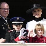 Prince Albert II of Monaco and Princess Charlene, right, stand with their children Prince Jacques and Princess Gabriella from the balcony of the Monaco Palace during ceremonies marking National Day, in Monaco.