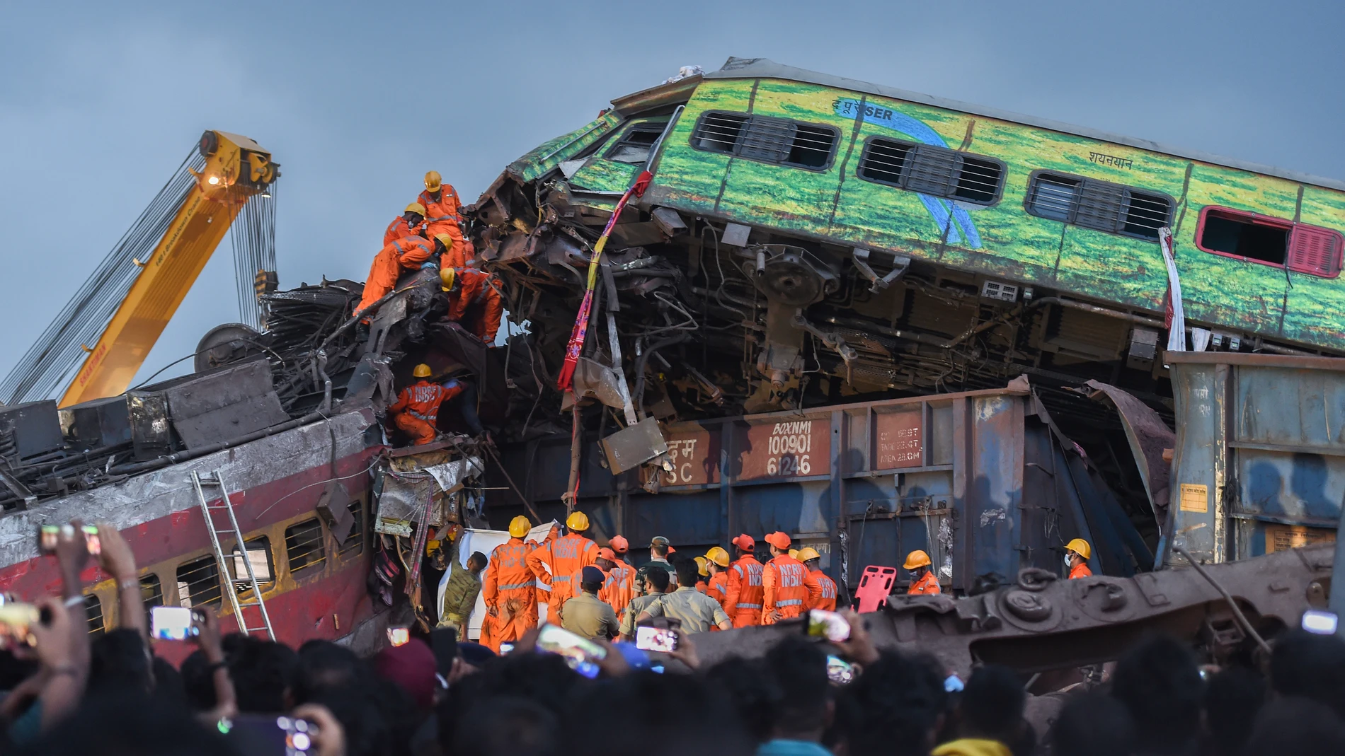 BALASORE, June 4, 2023 -- Rescuers work at the site of a train collision in Balasore district of eastern Indian state of Odisha June 3, 2023. The death toll from the collision of two passenger trains in the eastern Indian state of Odisha has risen to 288 with 803 others reportedly injured on Saturday, officials said. The Times of India quoted railway officials as saying that there are 288 victims recorded in the horrific collision, the country's deadliest rail accident in more than 20 years. Injured passengers have been taken to hospitals in Gopalpur, Khantapara, Balasore, Bhadrak and Soro. 03/06/2023