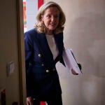 La vicepresidenta segunda del Ejecutivo, Nadia Calviño, durante la rueda de prensa posterior a la reunión este lunes de los coordinadores del programa electoral del PSOE para las elecciones del 23J, que ha sido presidida por el presidente del Gobierno y líder socialista, Pedro Sánchez © Alberto R. Roldán / Diario La Razón. 12 06 2023