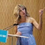 La vicepresidenta segunda del Gobierno y ministra de Trabajo y Economía Social, Yolanda Díaz, interviene durante la clausura del acto de presentación del Estudio de fundamentación para la Ley de Usos del tiempo y racionalización horaria, en la Dirección Provincial del SEPE, a 16 de junio de 2023, en Madrid (España). 16 JUNIO 2023;MADRID;PRESENTACIÓN;LEY;USOS DEL TIEMPO 16/06/2023