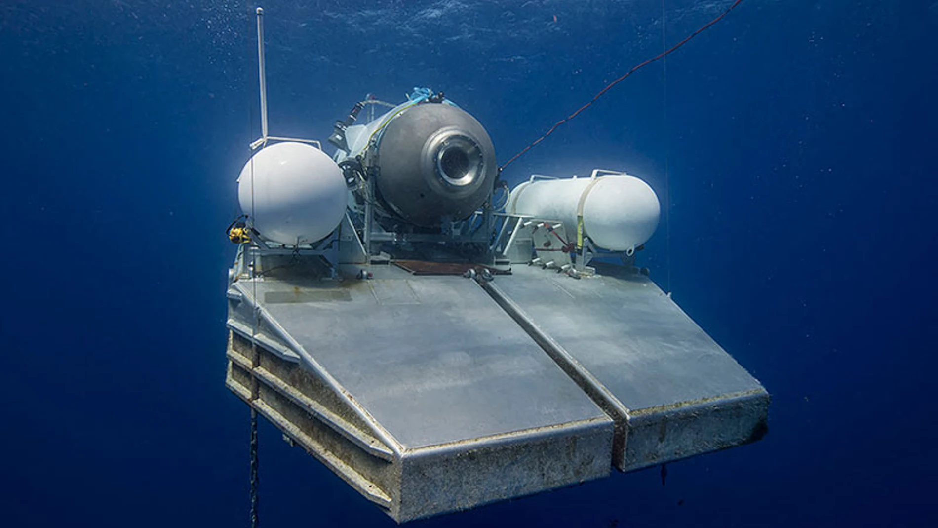 June 19, 2023: Undated handout photo shows Titan, the submersible that vanished on expedition to the Titanic wreckage. A massive search and rescue operation is under way in the mid Atlantic after a tourist submarine went missing during a dive to Titanic's wreck on Sunday. Contact with the small sub was lost about an hour and 45 minutes into its dive, the US Coast Guard said. Tour firm OceanGate said all options were being explored to rescue the five people onboard. Tickets cost $ 250,000 for ...