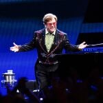 British singer Elton John performs on stage during his Farewell Yellow Brick Road show at the O2 Arena, in south London.
