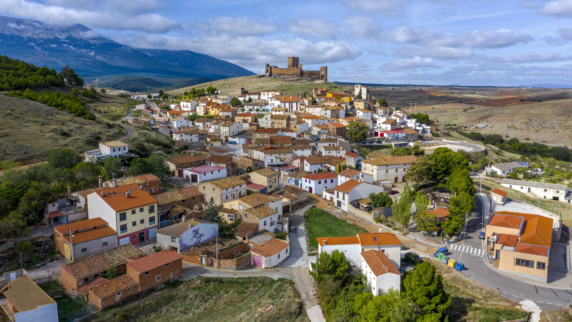 Panoramic aerial view of Trasmoz Castle, 13th century medieval fortress, Tarazona region, Zaragoza province, Spain
